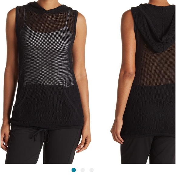 H Halston V-neck Mesh Sleeveless Hoodie Black Medium - Picture 4 of 11